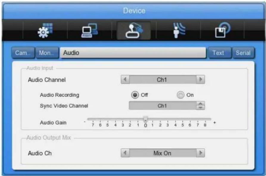 Device Cam Mon Audio Text Serial Audio Input Audio Channel Ch1 Audio Recording Off On Sync Video Channel Ch1 Audio Gain - 7 6 5 4 3 2 1 0 1 2 3 4 5 6 7 8 + Audio Output Mix Audio Ch Mix On