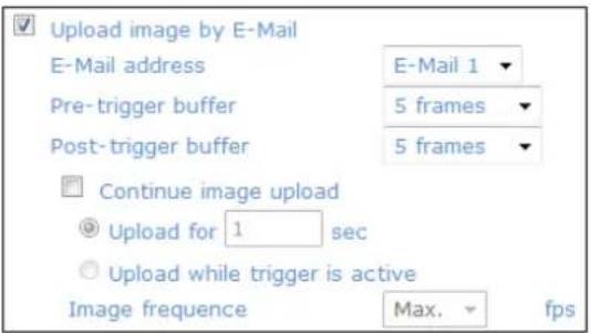 Upload image by E-Mail E-Mail address E-Mail 1 Pre-trigger buffer 5 frames Post-trigger buffer 5 frames Continue image upload Upload for 1 sec Upload while trigger is active Image frequency Max. fps