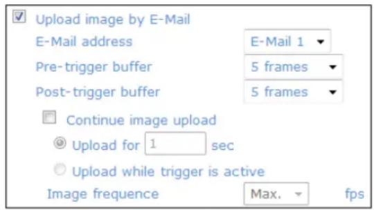 Upload image by E-Mail E-Mail address E-Mail 1 Pre-trigger buffer 5 frames Post-trigger buffer 5 frames Continue image upload Upload for 1 sec Upload while trigger is active Image frequency Max. fps