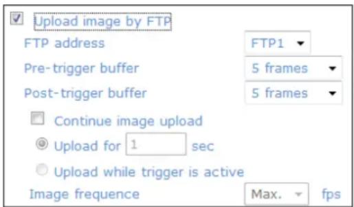 Upload image by FTP FTP address Pre-trigger buffer Post-trigger buffer Continue image upload Upload for 1 sec Upload while trigger is active Image frequency FTP1 5 frames 5 frames Max. fps