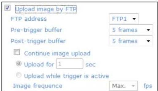 Upload image by FTP FTP address Pre-trigger buffer Post-trigger buffer Continue image upload Upload for 1 sec Upload while trigger is active Image frequency FTP1 5 frames 5 frames Max. fps
