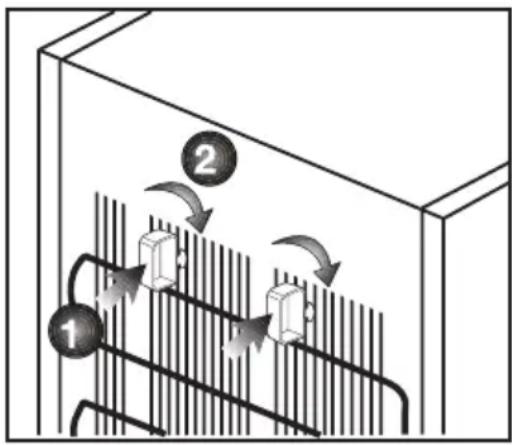 Diagram showing airflow or heat transfer between two air ducts with labeled components 1 and 2, indicating fluid flow direction.