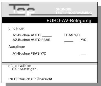 Top GRUNDIG TEXT-PROGRAMMING EURO-AV-Belegung Eingänge: A1-Buchse AUTO ________ FBAS Y/C A2-Buchse AUTO FBAS ________ Y/C Ausgänge A1-Buchse FBAS Y/C ________ < ^ _ >: wählen OK : bestätigen INFO : zurück zur Übersicht