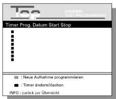 GRUNDIG TEXT.PROGRAMMING Timer Prog. Datum Start Stop : : : : : : : : : : : : : Neue Aufnahme programmieren : Timer ändern/löschen INFO : zurück zur Übersicht