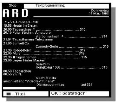 Stop Textprogramming: Donnerstag 11.Mary 1982 * = VT: Untenitel... 150 19.58 Heute im Ersten 20.00 Tagesschau • .... 310 20.15 Peter Strohm: Amateure sterbon schnell • .... 314 21.04 Tagesthemen Telegramm 21.05 Junke&Co. Comedy-Sarte .... 316 21.30 Robot-Relch .... 317 22.00 Mary .... 318 22.30 ■Tagesthemen .... 315 23.00 Legen Hinter Masken Solarfilm Hongkong 1988 .... 319 00.50 Tagesschau 00.55 Z.F.N. bis 51.00 Uhr anschließend "Videotext für alle" Dienstgevormittag auf 321 ■ : Titel OK : bestätigen