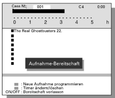 Cass No: 001 C4 0:00 0 1 2 3 4 5 h ■The Real Ghostbusters 22. Aufnahme-Bereitschaft ■ : Neue Aufnahme programmieren ■ : Timer ändern/löschen ON/OFF : Bereitschaft verlassen