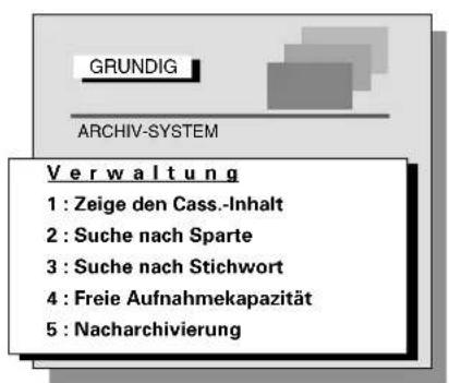 GRUNDIG ARCHIV-SYSTEM Ver waltung 1 : Zeige den Cass.-Inhalt 2 : Suche nach Sparte 3 : Suche nach Stichwort 4 : Freie Aufnahmekapazität 5 : Nacharchivierung
