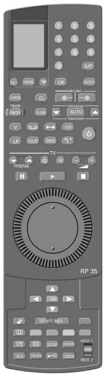 1 2 3 4 5 6 7 8 9 0 SAT SLT EW/ED OK AV/CDV CHECK CL RECORD TIMER S-VHS PROXHAM AUTO ON/OFF TRACKING V O-O ↔ HIFI LP COUNT D000 TV PROGRAM AV + RP 35 OK TIP VPT INFO STOP PICTURE VIDEO 1 ATS PAUSERC CODE VIDEO 2