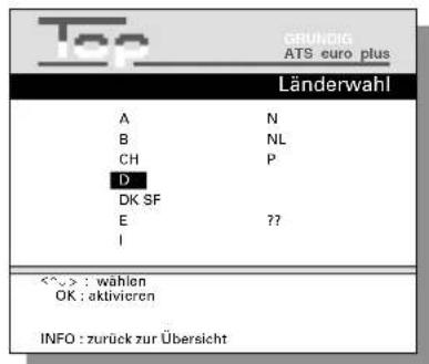 Top GBUNDIG ATS euro plus Länderwahl A N B NL CH P D DK SF E ?? I <^> : wählen OK : aktivieren INFO : zurück zur Übersicht