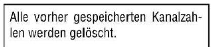 Alle vorher gespeicherten Kanalzahlen werden gelöscht.