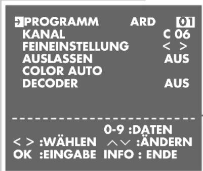 PROGRAMM ARD 01 KANAL C 06 FEINEINSTELLUNG < > AUSLASSEN AUS COLOR AUTO DECODER AUS 0-9 : DATEN < > :WÄHLEN ∧∨ :ÄNDERN OK :EINGABE INFO : ENDE