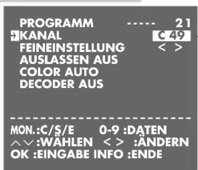 PROGRAMM KANAL FEINEINSTELLUNG AUSLASSEN AUS COLOR AUTO DECODER AUS MON.:C/$/E 0-9 :DATEN ^^:WAHLEN < > :ANDERN OK :EINGABE INFO :ENDE