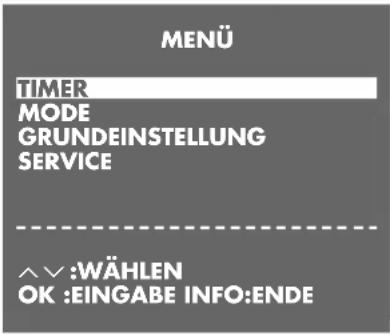 MENÜ TIMER MODE GRUNDEINSTELLUNG SERVICE ^^:WÄHLEN OK :EINGABE INFO:ENDE