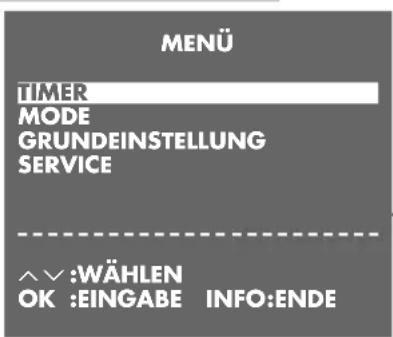 MENÜ TIMER MODE GRUNDEINSTELLUNG SERVICE ^^:WÄHLEN OK :EINGABE INFO:ENDE
