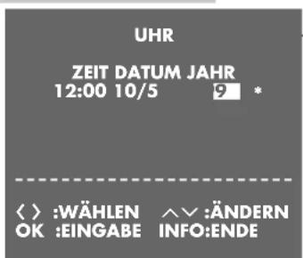 UHR ZEIT DATUM JAHR 12:00 10/5 9 * < > :WÄHLEN ∧ ∨ :ÄNDERN OK :EINGABE INFO:ENDE