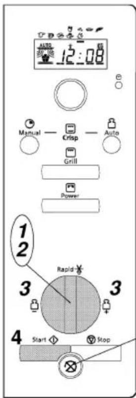 AUTO 12:08 Manual — Crisp — Auto Grill Power 1 2 3 Rapid 3 4 Start Stop