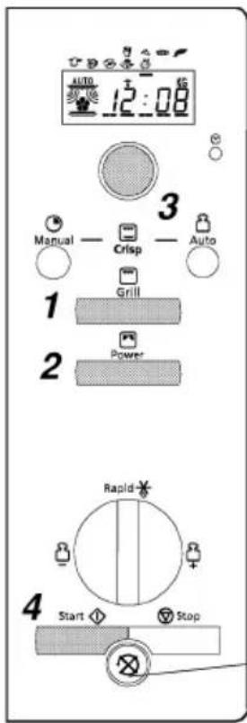 AUTO 12:08 3 Manual — Crisp — Auto 1 Grill 2 Power Rapid 4 Start Stop