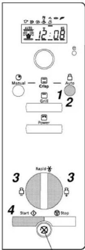 AUTO 12:08 Manual — Crisp — Auto Grill Power 1 2 3 Rapid 3 4 Start Stop