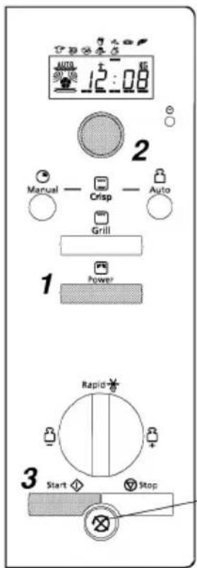AUTO 12:08 2 Manual — Crisp — Auto Grill 1 Power 3 Start Stop