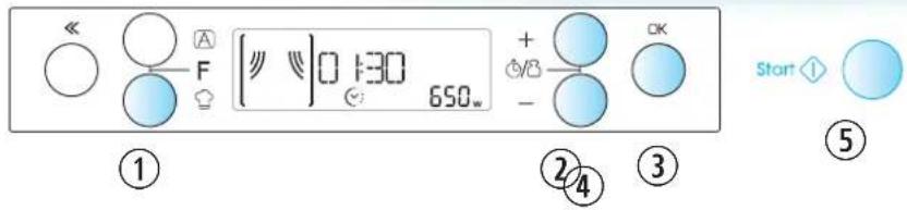<< ○ A F [ ∥ ∥ ]0 1:30 650w + ✓/✓ - OK ① ②④ ③ Start ◆ ⑤