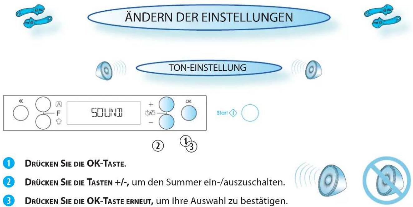 ÄNDERN DER EINSTELLUNGEN TON-EINSTELLUNG SOUND Start ① ② ③ ① DRÜCKEN SIE DIE OK-TASTE. ② DRÜCKEN SIE DIE TASTEN +/-, um den Summer ein-/auszuschalten. ③ DRÜCKEN SIE DIE OK-TASTE ERNEUT, um Ihre Auswahl zu bestätigen.