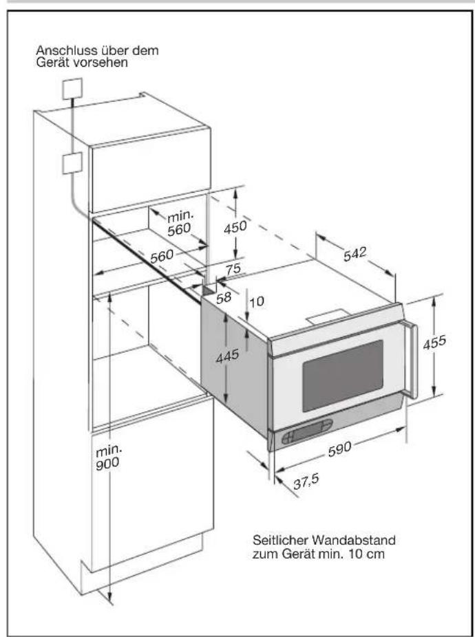 Anschluss über dem Gerät vorsehen min. 560 450 560 75 58 10 542 445 455 min. 900 37,5 590 Seitlicher Wandabstand zum Gerät min. 10 cm