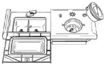 Line drawing of a vintage washing machine with front panel and side-mounted dial (no text or symbols).
