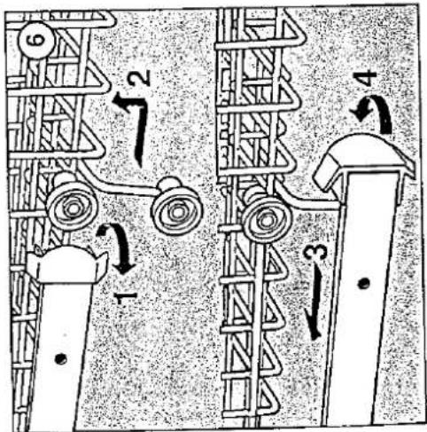 Technical diagram showing labeled mechanical components with numbered parts and directional arrows indicating motion or assembly.