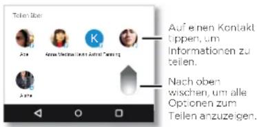 Teilen über Auf einen Kontakt üppen, um Informationen zu teilen. Nach oben wischen, um alle Optionen zum Teilen anzuzeigen.
