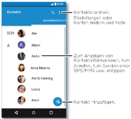 Kontakte IALLE KONTAKTE/EMASISTEN ICH Abe A Alison Aishe Anna Medina Astrid Fanning Laura Anne Kontakte ordnen, Einstellungen oder Konten ändern und mehr. Zum Anzeigen von Kontaktinformationen, zum Anrufen, zum Senden einer SMS/MMS usw. antippen. Kontakt einzufügen.