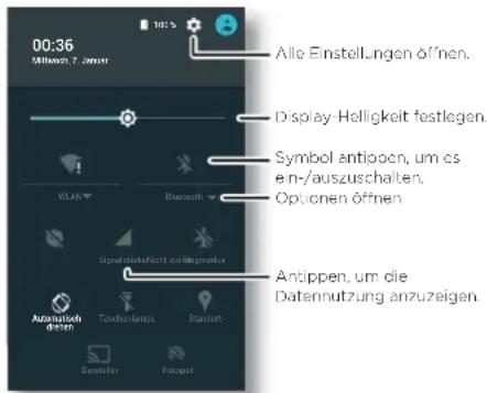 00:36 Müllericht, 7. Zinssst Alle Einstellungen öffnen. Display-Helligkeit festlegen. Symbol antiipoen, um es en-/auszuschalten. Optionen öffnen Antippen, um die Datennutzung anzuzeigen.