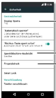 Sicherheit Geräteicherheit Display-Sporre "Automatisch sprenn" 3. Selunden nach dem Rangzusstand, über vor durch Smart Lock entsprand "Ein/Aus-Taste sperr sofort" Ausstverbindlich Smart Lock entsprand Spenbildschirm-Nachricht Laufwand Fingerabdruck Smart Lock Verschreibung Telefon verschlüsseln