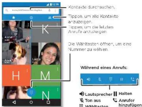 12:30 Kontakte durchsuchen. Tippen, um alle Kontakte anzuziegen. Tippen, um die letzten Anrufe anzuziegen. Die Wählstaten öffnen, um eine Nummer zu wählen. Während eines Anrufs: Lautsprecher Halten Ton aus Anrufer Wähltasten hinzufügen