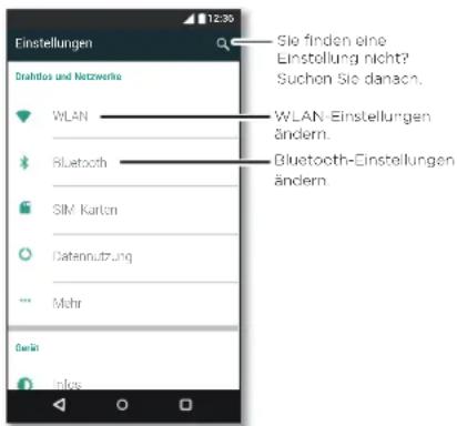 12:30 Einstellungen Drahtlos und Netzwerke WLAN Bluetooth SIM-Karton Datennutzung Mehr Berlin Infos Sie finden eine Einstellung nicht? Suchen Sie danach. WLAN-Einstellungen ändern. Bluetooth-Einstellungen ändern.