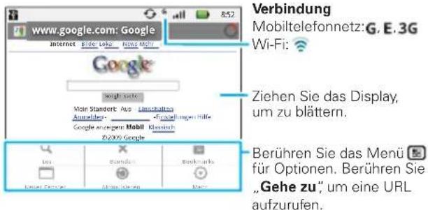 www.google.com: Google Internet Video Locus News Music Google Ziehen Sie das Display, um zu blättern. Berühren Sie das Menü für Optionen. Berühren Sie „Gehe zu“, um eine URL aufzurufen.