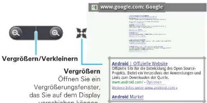 www.google.com: Google Vergrößern/Verkleinern Vergrößern Öffnen Sie ein Vergrößerungsfenster, das Sie auf dem Display verschieben können. Android | Offizielle Website Offizielle Site für die Entwicklung des Open Source- Projekts. Bietet ein Verzeichnis der Anwendungen und Links zum Downloaden der Quelle. www.android.com/ - Optichen Weitere Infos unter www.android.com e Android Market