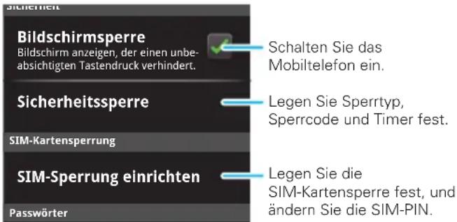Sicherheit Bildschirmsperre Bildschirm anzeigen, der einen unbeabsichtigten Tastendruck verhindert. Schalten Sie das Mobiltelefon ein. Sicherheitssperre Legen Sie Sperrtyp, Sperrcode und Timer fest. SIM-Kartensperrung Sim-Sperrung einrichten Legen Sie die SIM-Kartensperre fest, und ändern Sie die SIM-PIN. Passwörter
