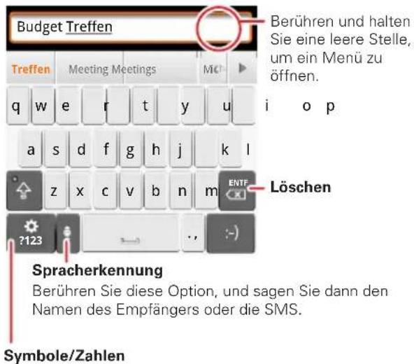 Budget Treffen Treffen Meeting Meetings Mcl q w e r t y u i o p a s d f g h j k l z x c v b n m ?123 Spracherkennung Berühren Sie diese Option, und sagen Sie dann den Namen des Empfängers oder die SMS. Löschen Symbole/Zahlen