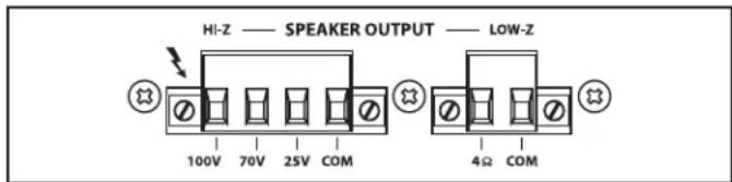 HI-Z — SPEAKER OUTPUT — LOW-Z 100V 70V 25V COM 4Ω COM
