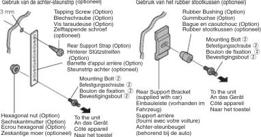 3 mm Tapping Screw (Option) Biechschraube (Option) Vis tatarauseuse (Option) Zinjahrer schneof (optionen) Rear Support Strap (Option) Hinterer Stölzstreffen (Option) Barrette d'appui arrêté (Option) Steuertrag acht with (optionen) Mounting Bolt 2 Befestigungsträube 2 Bouton de fixation Bewertigungsbauf 2 To the unit Bauquuss das Gerät Côte appara Naar het toesteel To an arm Ate Gérat Côte beuebelge Eurbeuleste (vorhandem im Fahzegeur) Support arrière (tourné avec voite volulture) Achter-zeuerbeugel (behorend bij de auto)