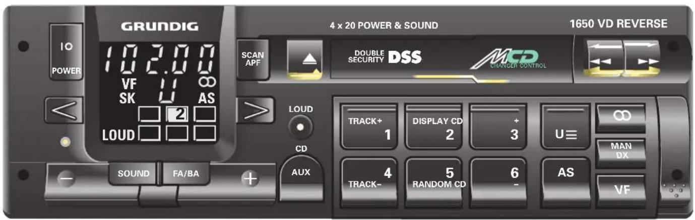 GRUNDIG 4 x 20 POWER & SOUND 1650 VD REVERSE IO POWER 10 2.00 10 2.00 V F SK AS 2 LOUD LOAD CD AUX SOUND FA/BA TRACK+ 1 DISPLAY CD 2 + 3 U≡ MAN DX TRACK- 5 RANDOM CD 6 - AS VF DOUBLE SECURITY DSS MCD CHANGER CONTROL