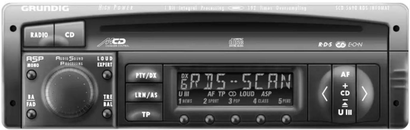 GRUNDIG HIGH POWER I Bit Integral Processing 192 Times Oversampling SCD 5690 RDS INFOMAT RADIO CD MCD CHANGER CONTROL R-D-S EON ASP AUDIO SOUND LOUD MONO PROCESSING EXPERT PTY/DX DX 6R D5...SCAN LRN/AS U III AF TP OD LOUD ASP 1 NEWS 2 SPORT 3 POP 4 CLASS 5 PERS TP UFAD TRE BAL AF + CD > U III
