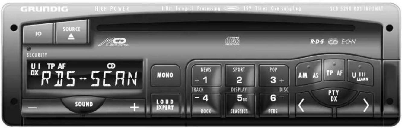 GRUNDIG HIGH POWER I Bit Integral Processing 192 Times Oversampling SCD 5290 RDS INFOMAT IO SOURCE MCD CHANGER CONTROL R-D-S EON SECURITY UI TP AF ω DX RDS-SCAN MONO NEWS SPORT POP AM AS TP AF U III + 1 2 3 + TRACK DISPLAY DISC - 4 5 6 - ROCK CLASSICS PERS LOUD EXPERT SOUND + < PTY DX >