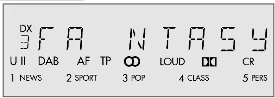 DX 3 F A U II DAB AF TP N T A S Y 1 NEWS 2 SPORT 3 POP LOUD 4 CLASS CR 5 PERS