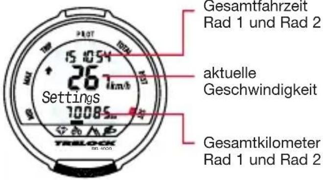 Gesamtfahrzeit Rad 1 und Rad 2 aktuelle Geschwindigkeit Settings 70085 TRELOCK 800-1000 Gesamtkilometer Rad 1 und Rad 2