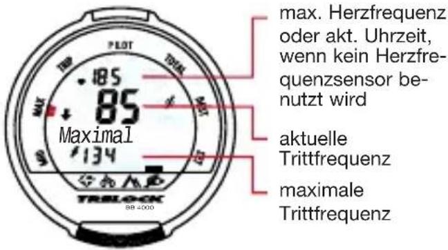 max. Herzfrequenz oder akt. Uhrzeit, wenn kein Herzfre- quenzsensor be- nutzt wird aktuelle Trittfrequenz maximale Trittfrequenz
