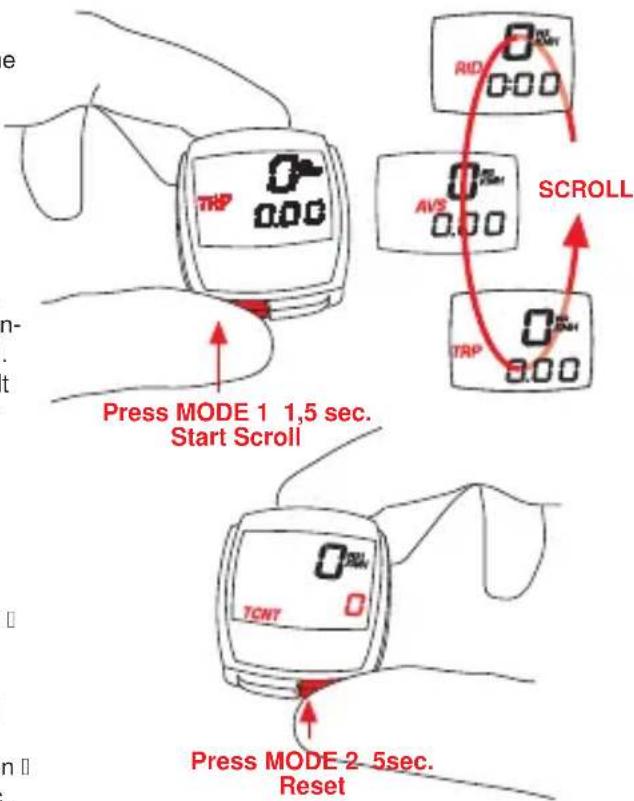 e TRP 0.00 RIO 0.00 AVS 0.00 TRP 0.00 SCROLL Press MODE 1 1,5 sec. Start Scroll TCNT 0 Press MODE 2-5sec. Reset