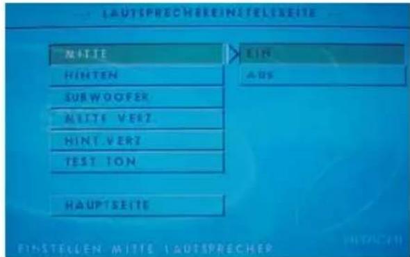 LAUTSPRECHEREINTELESEITE MITSIE HINTEN SUBWOOFER MITSI VERT HINT VERT TEST TON HAUPTSEITE EIN ANS EINSTELEN MITSIE LAUTSPRECHER