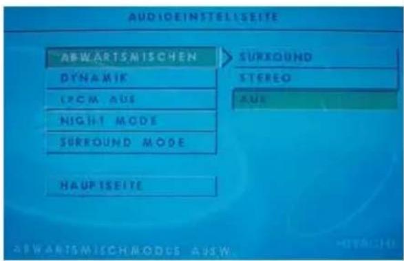 AUDIOINSTEELSEITE ABWARTSMISCHEN DYNAMIK LECM AUS NIGHT MODE SURROUND MODE HAUPTSEITE SURROUND STEREO AUS ABWARTSMISCHRODUS AUSW