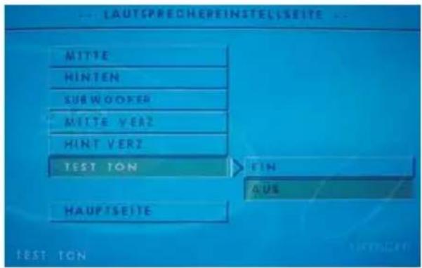 LAUTSPRECHEREINSTELSEITE MITTE HINTEN SUBWOOKER MITTE VERZ HINT VERZ TEST TON FIN AUS HAUPTSEITE TEST TON